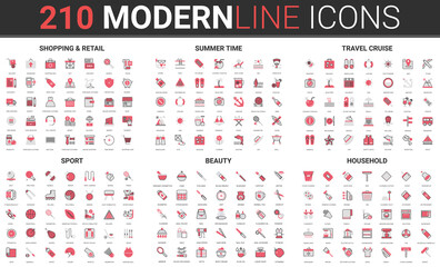 Travel vacation summer cruise, beauty fashion style and retail shopping thin red black line icon vector illustration set. Linear collection of sport objects for exercises, tools for household work
