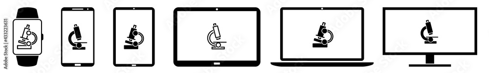 Poster display lab, microscope, science icon devices set | web screen device online | laptop vector illustr