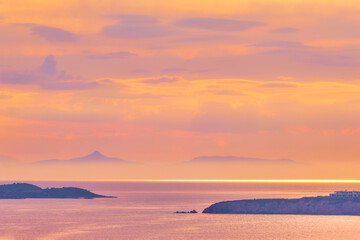 Aegean Sea with islands view on sunset