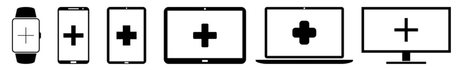 Display plus, cross, addition, summing, positive, adding, and, up Icon Devices Set | Web Screen bonus, increase, yes, zoom Device Online | Laptop Vector | Mobile | PC Computer Sign Isolated