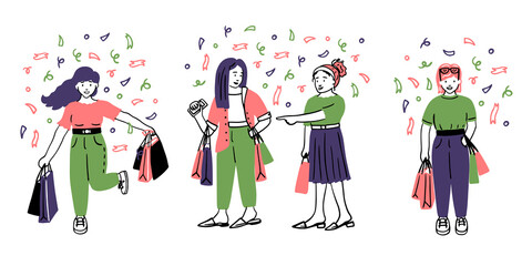 People hold shopping bags in their hands. Women Buy at a seasonal sale in a store, a trendy shopping center. A collection of customer characters. doodle Vector Illustration.