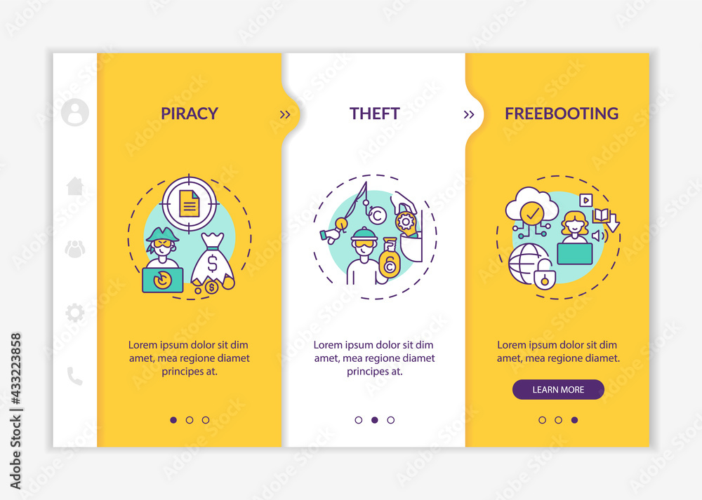 Poster copyright contravention types onboarding vector template. responsive mobile website with icons. web 