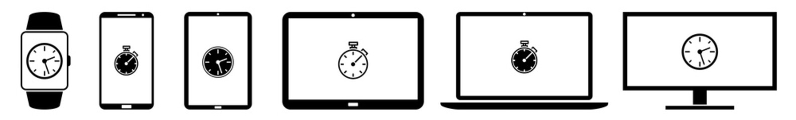 Display Clock, Stop, Time, Start, Timer, Watch Icon Devices Set | Web Screen Fast, Stopwatch, End, Speed Device Online | Laptop Vector Illustration | Mobile Phone | PC Computer Sign Isolated