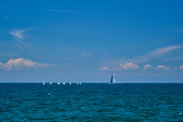 Fototapeta premium Yacht and RC yach models in sea. Athens, Greece