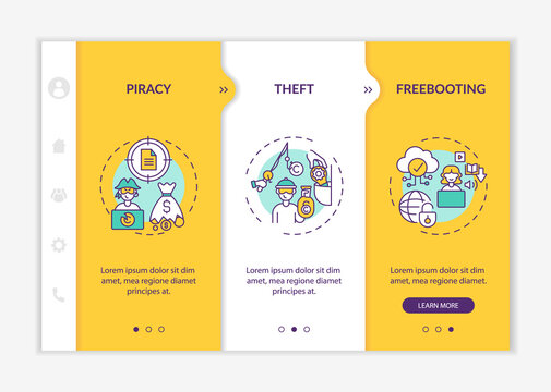 Copyright contravention types onboarding vector template. Responsive mobile website with icons. Web page walkthrough 3 step screens. Piracy, freebooting, theft color concept with linear illustrations