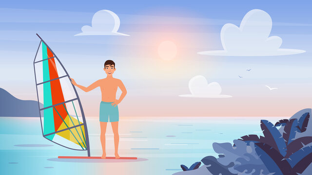 People windsurf, extreme water sports vector illustration. Cartoon young sportive tourist windsurfer man character windsurfing, sailing in tropical sea or ocean landscape, summer vacation background