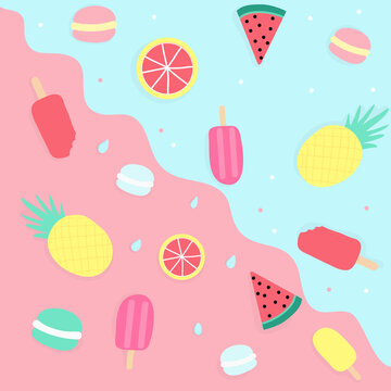 Vector seamless summer pattern, sweet desserts, ice cream, pineapple. Ice cream with fruit juice. Vector illustration EPS10