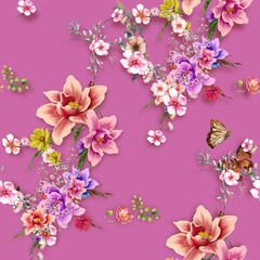 Watercolor painting of leaf and flowers, seamless pattern background