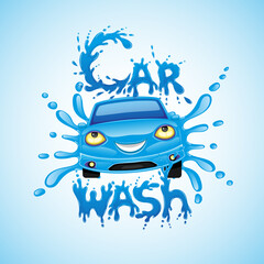 Car wash sign with blue car and water splashes on blue background.