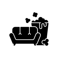 TV series streaming black glyph icon. Mini-series. Watching TV with popcorn bucket. New releases. Different serial genres. Silhouette symbol on white space. Vector isolated illustration