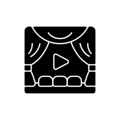Premiere black glyph icon. Watching streaming movies and TV series. Online event in real-time. Broadcasting big-screen flicks. Silhouette symbol on white space. Vector isolated illustration