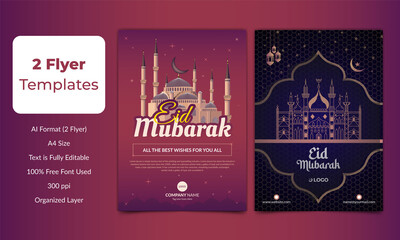 Corporate Eid Mubarak Flyer Design Template With Mosque Illustration
