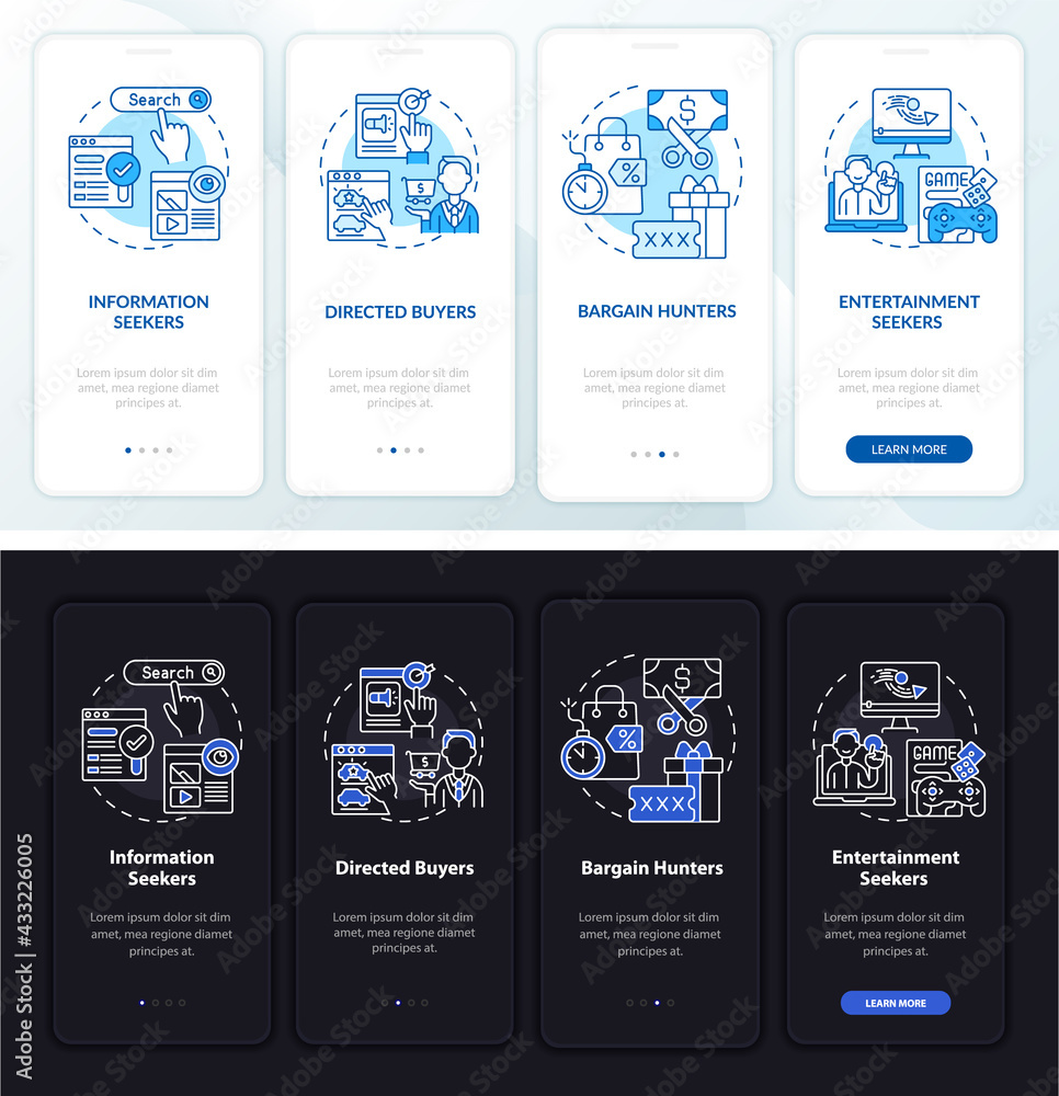 Aufkleber online buyer behavior onboarding mobile app page screen with concepts. bargain hunter walkthrough 4 