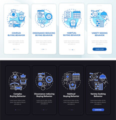 Buyer behavior types onboarding mobile app page screen with concepts. Variety search walkthrough 4 steps graphic instructions. UI, UX, GUI vector template with linear night and day mode illustrations