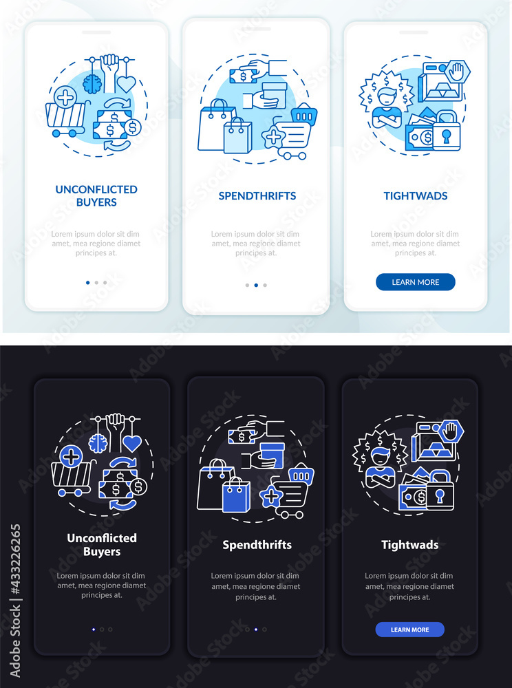 Aufkleber consumer types onboarding mobile app page screen with concepts. spendthrift, tightwad walkthrough 3 