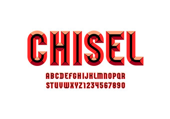 Alphabet from red chiseled block, facet font, beveled letters A-Z and numerals 0-9, vector 10EPS