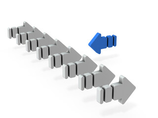 多数派と対立する個人。対峙する沢山の矢印。白バック。3Dレンダリング。