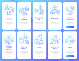 Air contaminants onboarding mobile app page screen with concepts set. Health, ecology impact walkthrough 5 steps graphic instructions. UI, UX, GUI vector template with linear color illustrations