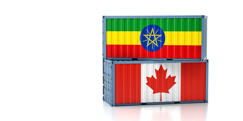 Fototapeta premium Two freight container with Ethiopia and Canada flag. Copy space on the left side - 3D Rendering