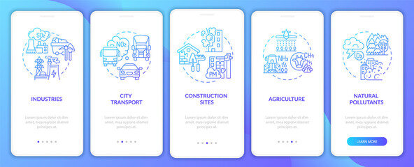 Out-of-doors air pollution onboarding mobile app page screen with concepts. Industries, building walkthrough 5 steps graphic instructions. UI, UX, GUI vector template with linear color illustrations