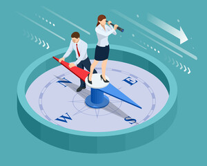 Isometric define marketing direction and search customer global network. Business people using compass for navigation and orientation in business. Business success concept