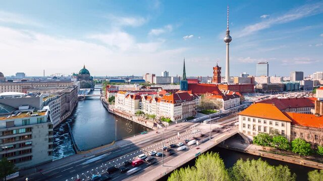 Cityscape Time Lapse of Berlin with spree river and clouds, Berlin, Germany
