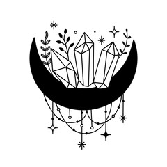 Vector illustration with mystical moon with crystals, plants and stars.  Hand drawn astrology symbol for print, fashion, wall decor. Mystical and magical, astrology design