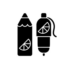 Branded pens and pencils black glyph icon. Advertising company with use of office equipment. Printing on items of everyday usage. Silhouette symbol on white space. Vector isolated illustration