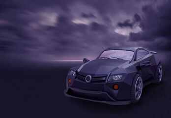 Plakat A passenger car with a polygonal body and an original design, stands against the dark sky. 3D illustration