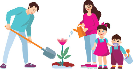 Fototapeta premium A happy family plants a flower.