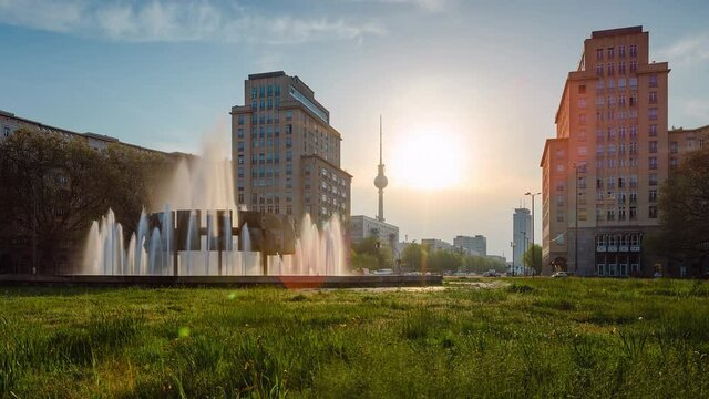 Time Lapse of fountain at Strausberger Platz with tv tower, Berlin, Germany