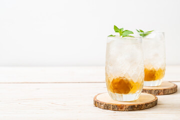 iced plum juice with soda and peppermint