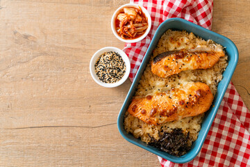 salmon with spicy miso rice bowl