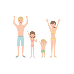 Mom, Dad, Daughter and Their Little Son on Beach, Happy Family Enjoying Summer Vacation on Seashore Vector Illustration on White Background.