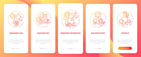 Common ear conditions onboarding mobile app page screen with concepts. Pressure differences walkthrough 5 steps graphic instructions. UI, UX, GUI vector template with linear color illustrations