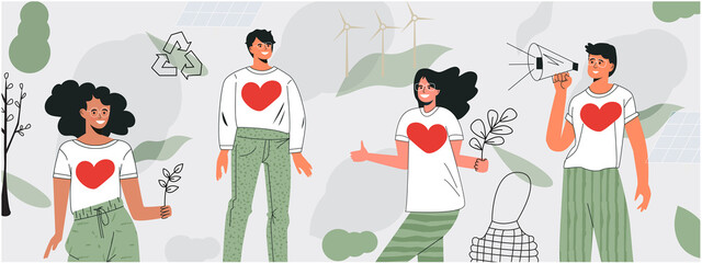 Volunteering community concept. Banner for International volunteer day. Care for environment, green mind. Active diverse people doing social charity activities. Flat vector cartoon illustration