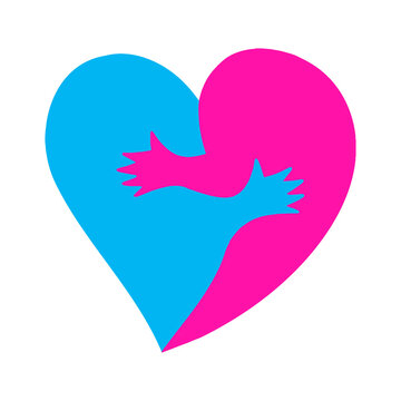 Pink and blue heart for Valentine's Day, in which the two halves kiss and hug.