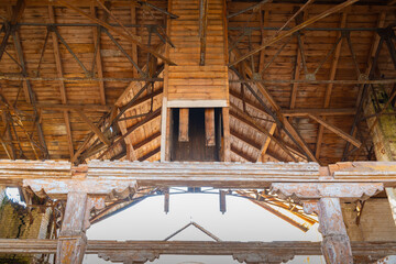 Wooden old roof structures in an abandoned stables in the Natalyevka estate, Kharkiv region, Ukraine