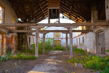Old wooden structures in an abandoned stable in the Natalyevka estate, Kharkiv region, Ukraine