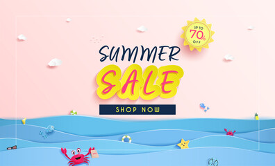 Summer sale Banner invitation design. and background with characters of various marine animals.and Panorama sea view in the summer. and the pattern of water waves with paper cut or Origami. 