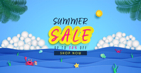 Summer sale Banner invitation design. and background with characters of various marine animals.and Panorama sea view in the summer. and the pattern of water waves with paper cut or Origami. 