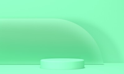 Mint abstract background with cylindrical podium and glass wall. Backdrop design for product promotion. 3d rendering