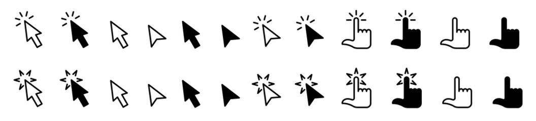 Pointer cursor сomputer mouse icon. Clicking cursor, pointing hand clicks icons. Click cursor. Vector illustration.