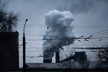 Industry metallurgical factory, smoke, smog emissions, bad ecology cluse up.