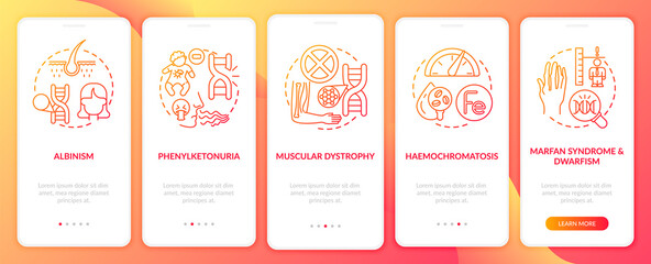 Naklejka premium Most common genetic disorders red onboarding mobile app page screen with concepts. Illness walkthrough 5 steps graphic instructions. UI, UX, GUI vector template with linear color illustrations