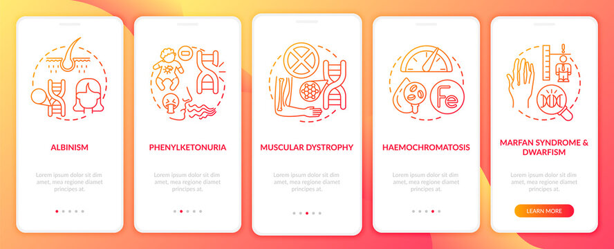 Most common genetic disorders red onboarding mobile app page screen with concepts. Illness walkthrough 5 steps graphic instructions. UI, UX, GUI vector template with linear color illustrations