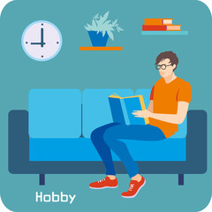 The student is sitting on the couch and reading a book.