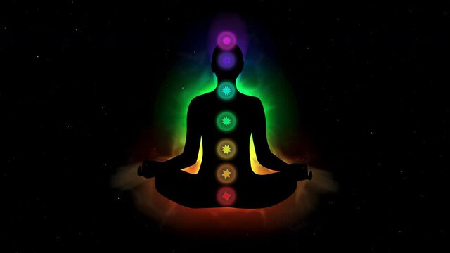 Human Covered with Colourful Aura in Meditation and Glowing Chakras Concept Illustration Animation on Space Background