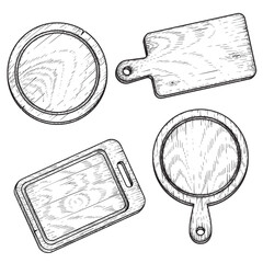 Hand drawn cutting wooden boards set. Sketch style kitchen utensils. Top view. Round and rectangular, with handle. Vector illustrations vintage collection.