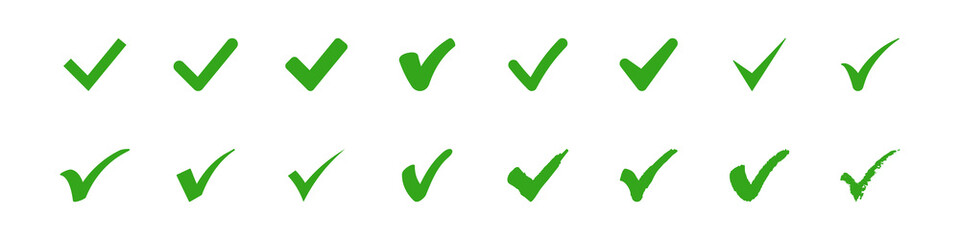 Set of check mark icons. Green vector symbols.